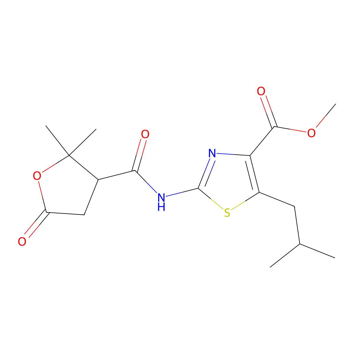 Methyl 2-{[(2,2-dimethyl-5-oxotetrahydro-3-furanyl)carbonyl]amino}-5-isobutyl-1,3-thiazole-4-carboxylate molecular structure, CAS 1574252-70-2