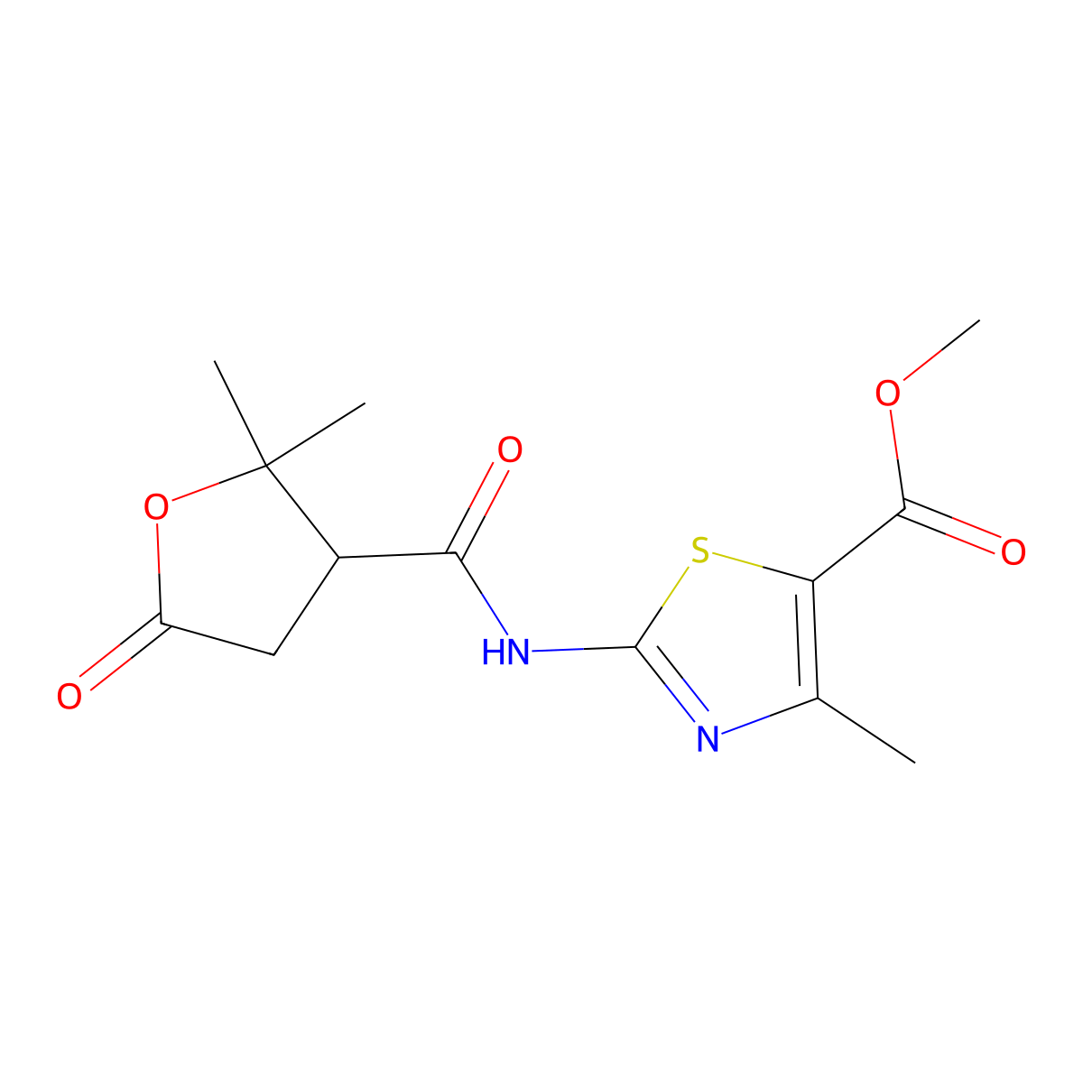 Methyl 2-{[(2,2-dimethyl-5-oxotetrahydrofuran-3-yl)carbonyl]amino}-4-methyl-1,3-thiazole-5-carboxylate molecular structure, CAS 1574252-97-3