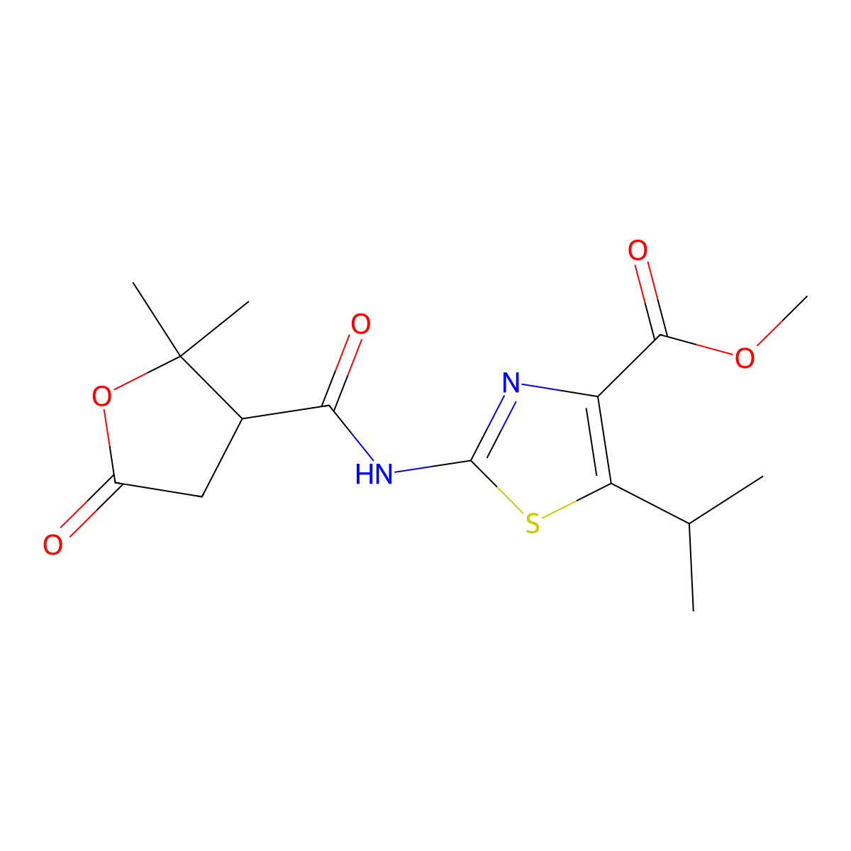 Methyl 2-{[(2,2-dimethyl-5-oxotetrahydro-3-furanyl)carbonyl]amino}-5-isopropyl-1,3-thiazole-4-carboxylate molecular structure, CAS 1574253-01-2