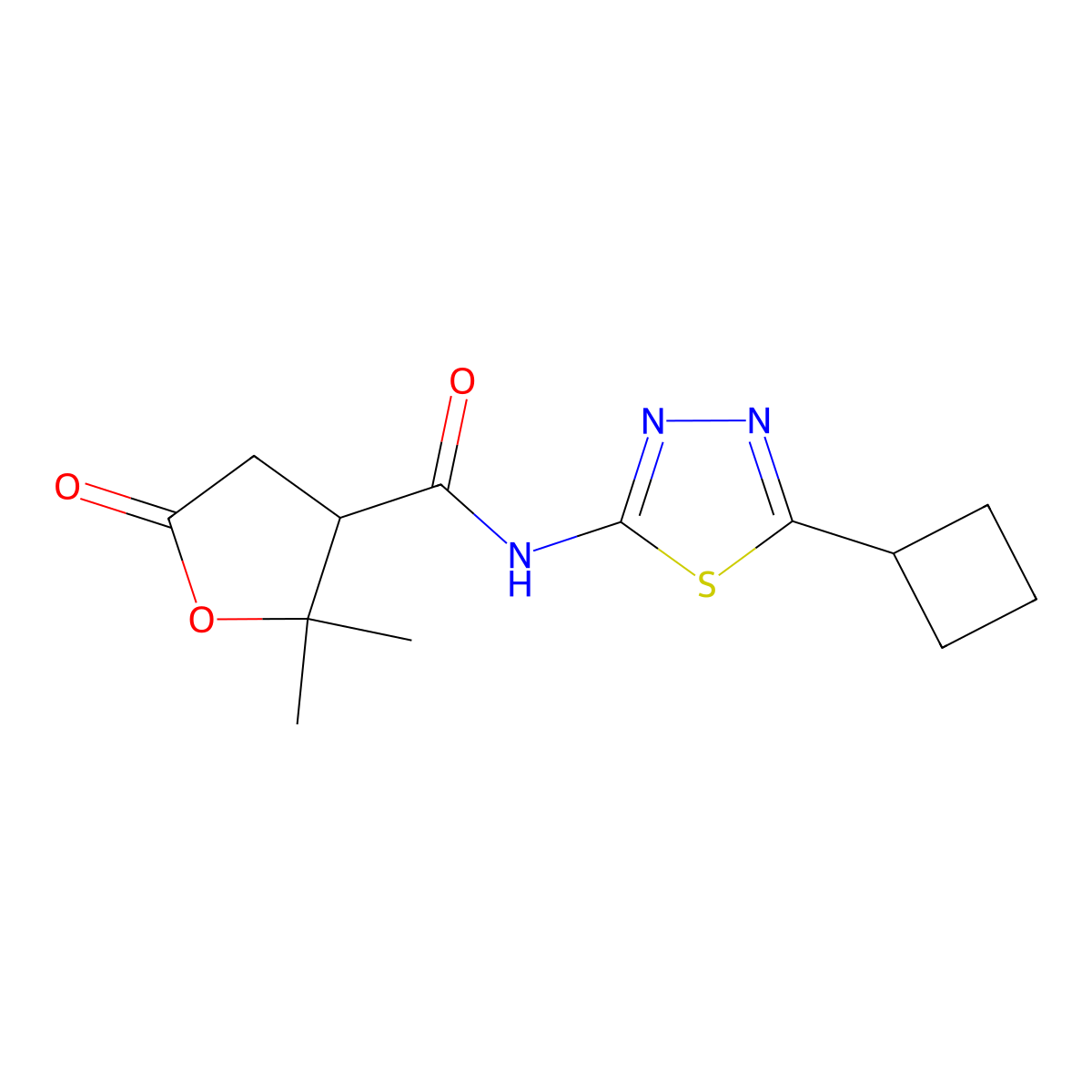 N-(5-cyclobutyl-1,3,4-thiadiazol-2-yl)-2,2-dimethyl-5-oxotetrahydrofuran-3-carboxamide molecular structure, CAS 1574253-02-3