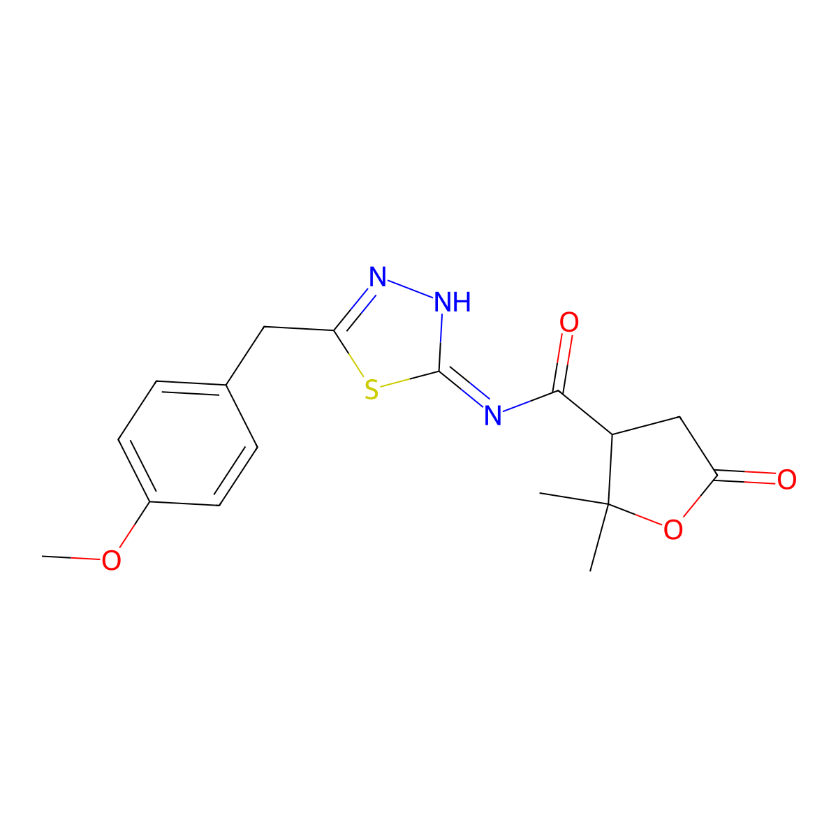 N-(5-(4-methoxybenzyl)-1,3,4-thiadiazol-2-yl)-2,2-dimethyl-5-oxotetrahydrofuran-3-carboxamide molecular structure, CAS 1574253-03-4