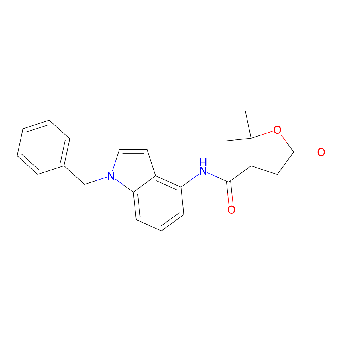 N-(1-benzyl-1H-indol-4-yl)-2,2-dimethyl-5-oxotetrahydro-3-furancarboxamide molecular structure, CAS 1574253-04-5