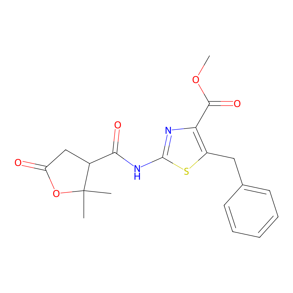 Methyl 5-benzyl-2-{[(2,2-dimethyl-5-oxotetrahydro-3-furanyl)carbonyl]amino}-1,3-thiazole-4-carboxylate molecular structure, CAS 1574253-05-6