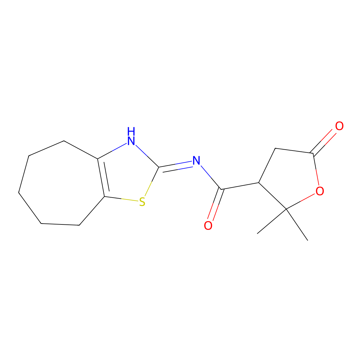 2,2-dimethyl-5-oxo-N-(5,6,7,8-tetrahydro-4H-cyclohepta[d]thiazol-2-yl)tetrahydrofuran-3-carboxamide molecular structure, CAS 1574253-25-0