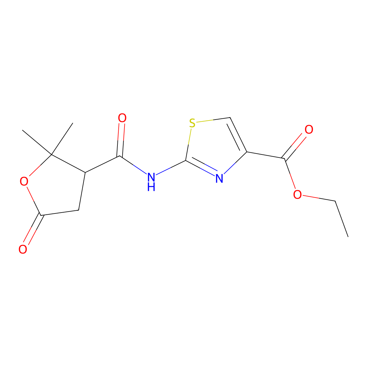 Ethyl 2-{[(2,2-dimethyl-5-oxotetrahydrofuran-3-yl)carbonyl]amino}-1,3-thiazole-4-carboxylate molecular structure, CAS 1574253-27-2