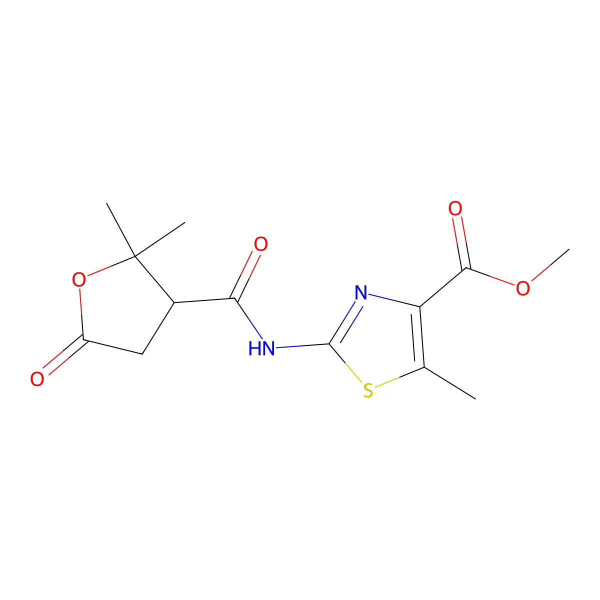 Methyl 2-{[(2,2-dimethyl-5-oxotetrahydro-3-furanyl)carbonyl]amino}-5-methyl-1,3-thiazole-4-carboxylate molecular structure, CAS 1574253-30-7