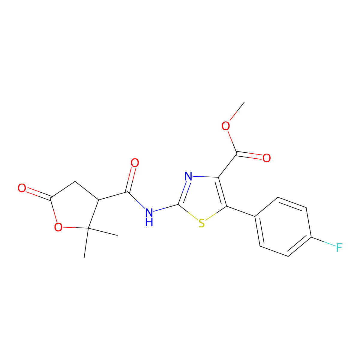 Methyl 2-{[(2,2-dimethyl-5-oxotetrahydro-3-furanyl)carbonyl]amino}-5-(4-fluorophenyl)-1,3-thiazole-4-carboxylate molecular structure, CAS 1574253-36-3