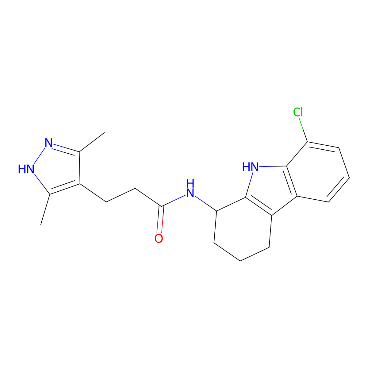 N-(8-chloro-2,3,4,9-tetrahydro-1H-carbazol-1-yl)-3-(3,5-dimethyl-1H-pyrazol-4-yl)propanamide molecular structure, CAS 1574288-15-5
