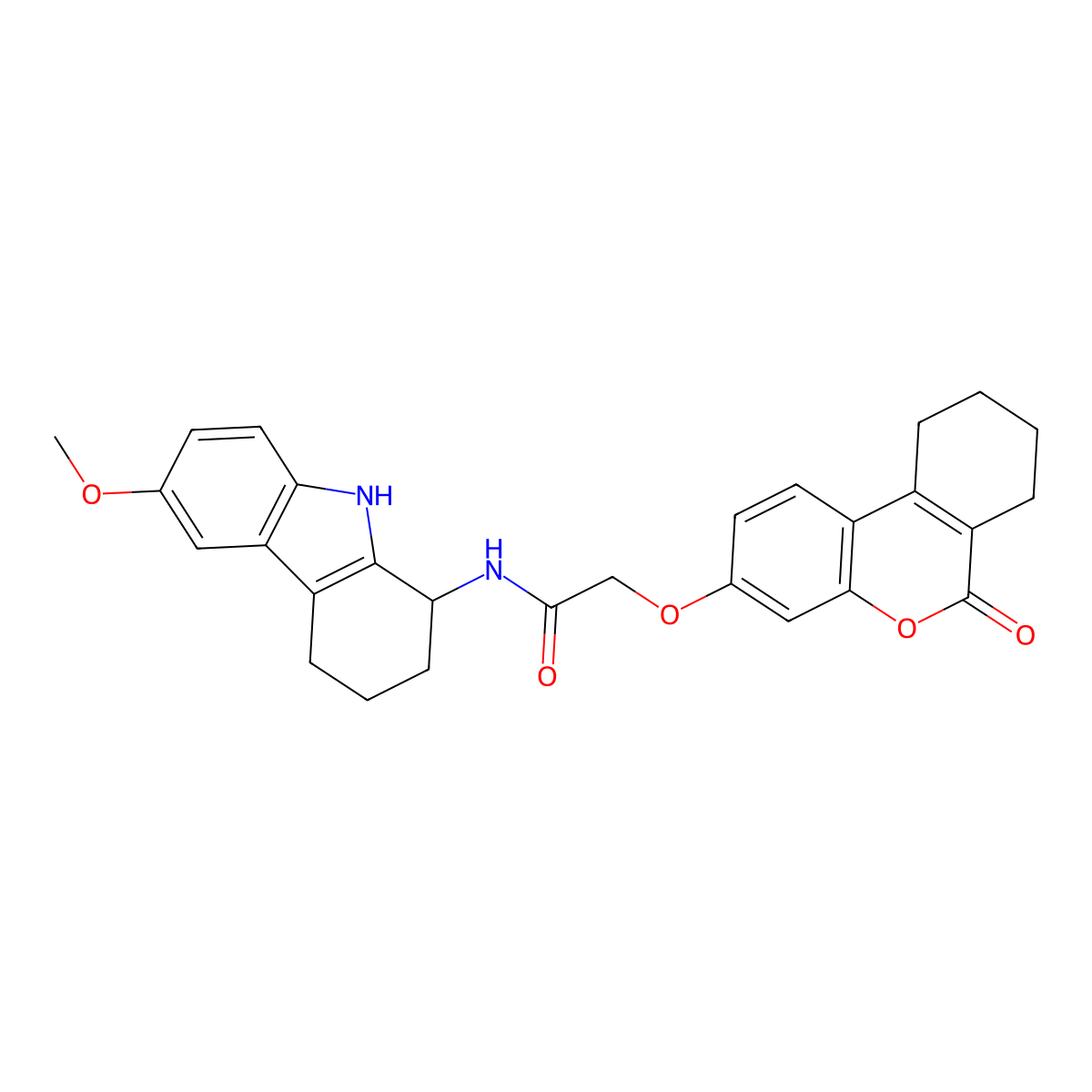 N-(6-methoxy-2,3,4,9-tetrahydro-1H-carbazol-1-yl)-2-[(6-oxo-7,8,9,10-tetrahydro-6H-benzo[c]chromen-3-yl)oxy]acetamide molecular structure, CAS 1574288-58-6