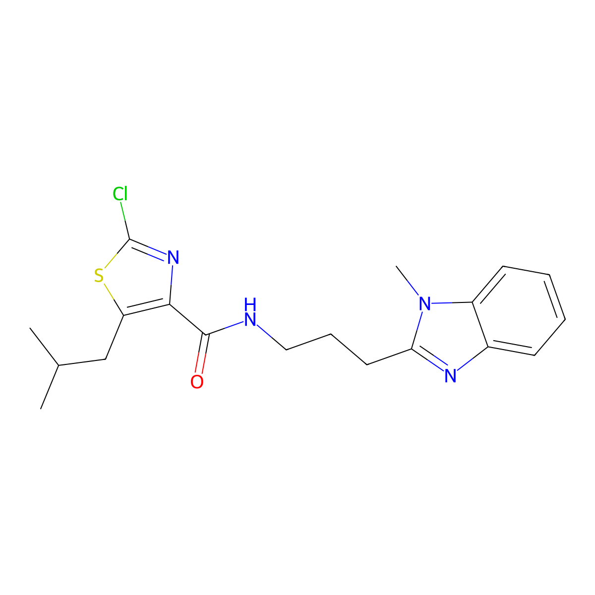 2-chloro-N-[3-(1-methyl-1H-benzimidazol-2-yl)propyl]-5-(2-methylpropyl)-1,3-thiazole-4-carboxamide molecular structure, CAS 1574288-92-8
