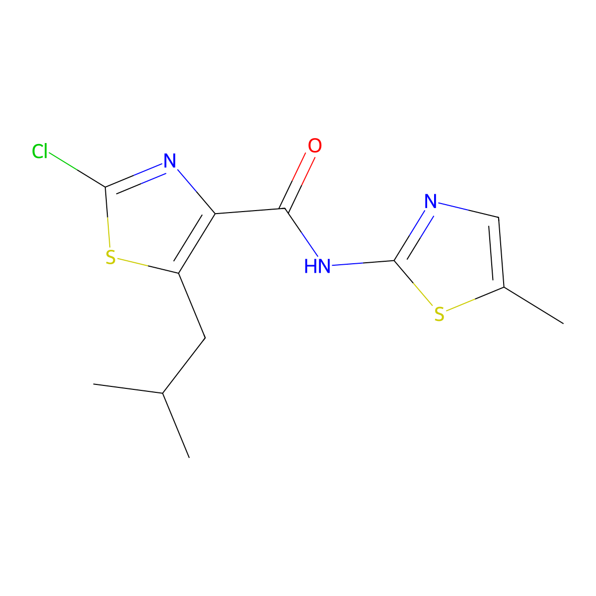2-chloro-5-(2-methylpropyl)-N-(5-methyl-1,3-thiazol-2-yl)-1,3-thiazole-4-carboxamide molecular structure, CAS 1574289-47-6