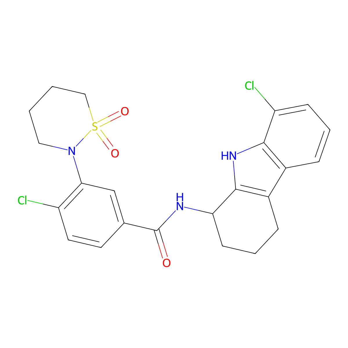4-chloro-N-(8-chloro-2,3,4,9-tetrahydro-1H-carbazol-1-yl)-3-(1,1-dioxido-1,2-thiazinan-2-yl)benzamide molecular structure, CAS 1574290-20-2