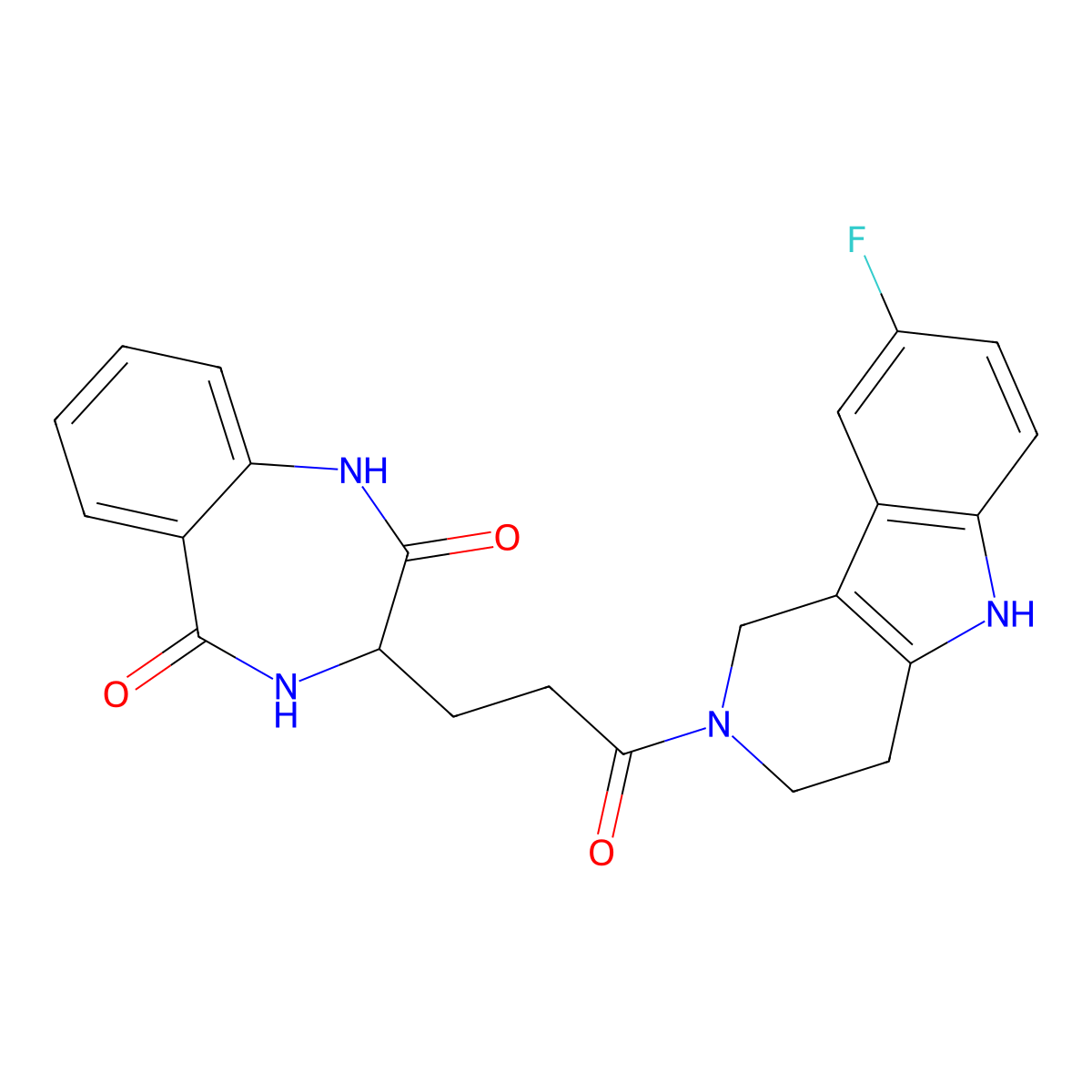 3-[3-(8-fluoro-1,3,4,5-tetrahydro-2H-pyrido[4,3-b]indol-2-yl)-3-oxopropyl]-3,4-dihydro-1H-1,4-benzodiazepine-2,5-dione molecular structure, CAS 1574290-90-6