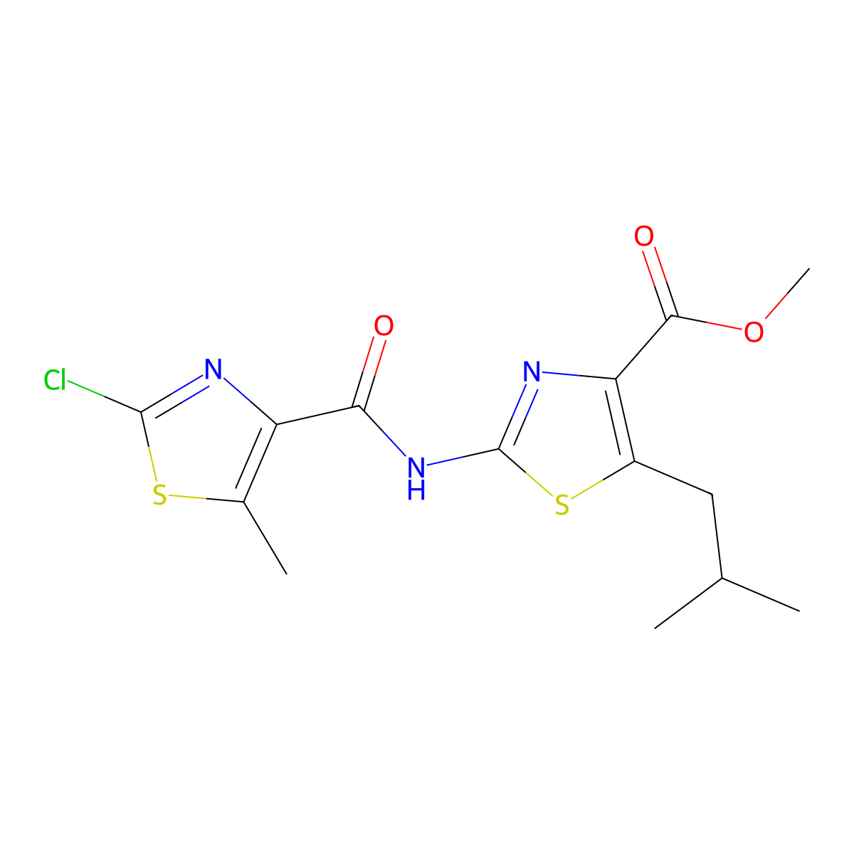 Methyl 2-{[(2-chloro-5-methyl-1,3-thiazol-4-yl)carbonyl]amino}-5-(2-methylpropyl)-1,3-thiazole-4-carboxylate molecular structure, CAS 1574291-11-4