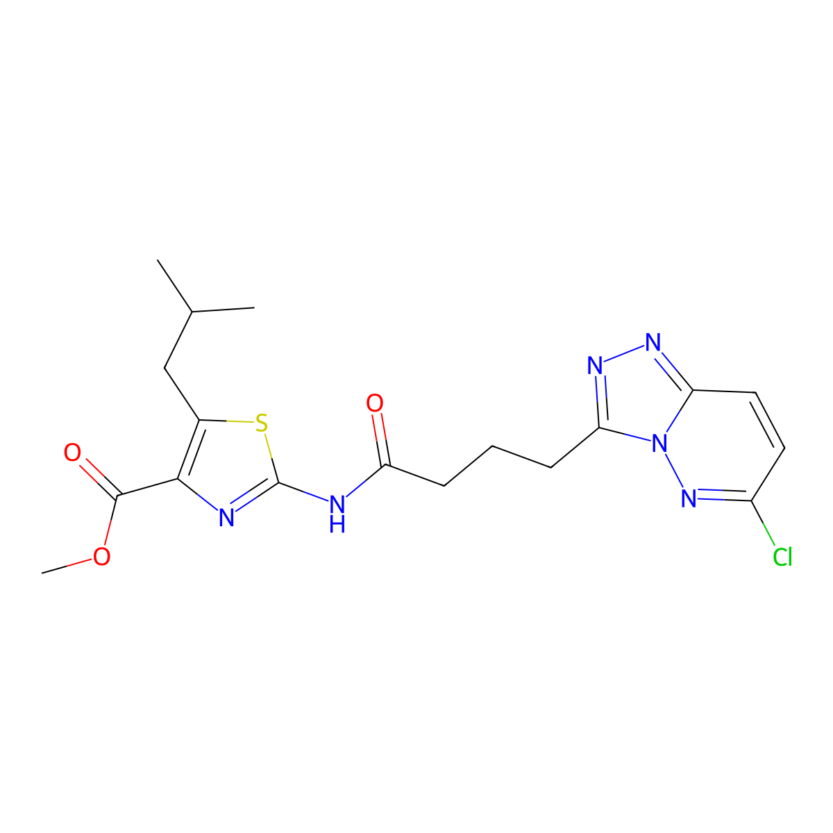 Methyl 2-{[4-(6-chloro[1,2,4]triazolo[4,3-b]pyridazin-3-yl)butanoyl]amino}-5-(2-methylpropyl)-1,3-thiazole-4-carboxylate molecular structure, CAS 1574291-37-4