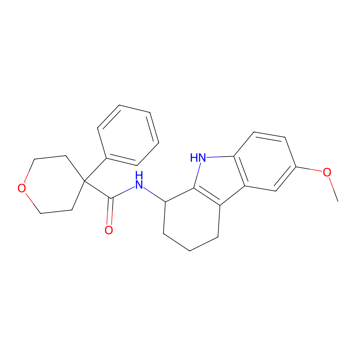 N-(6-methoxy-2,3,4,9-tetrahydro-1H-carbazol-1-yl)-4-phenyltetrahydro-2H-pyran-4-carboxamide molecular structure, CAS 1574291-40-9