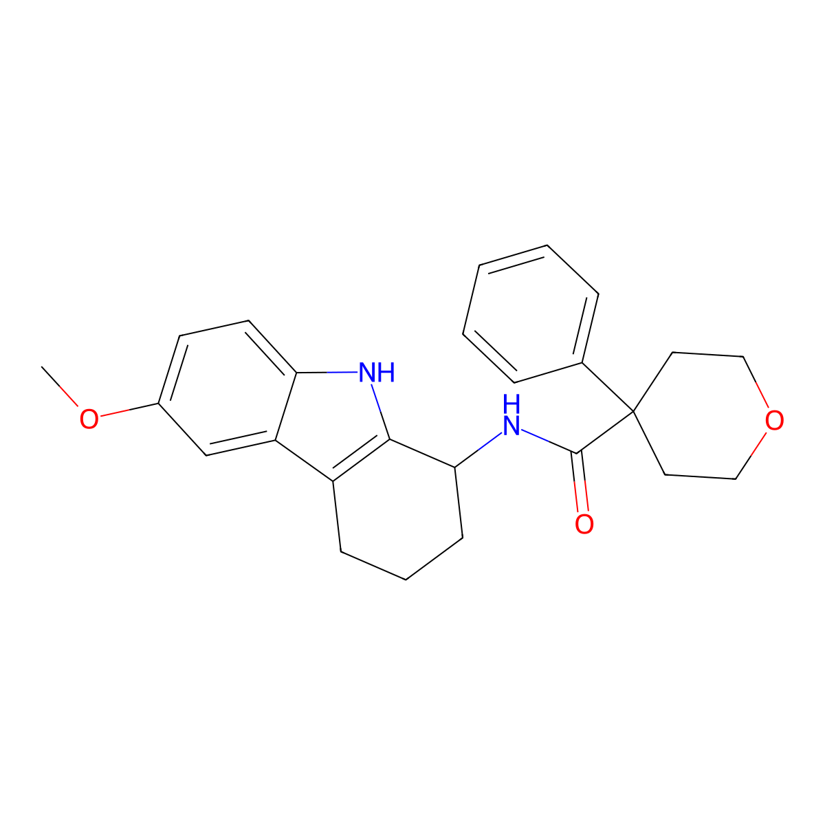 N-(6-methoxy-2,3,4,9-tetrahydro-1H-carbazol-1-yl)-4-phenyltetrahydro-2H-pyran-4-carboxamide molecular structure, CAS 1574291-40-9