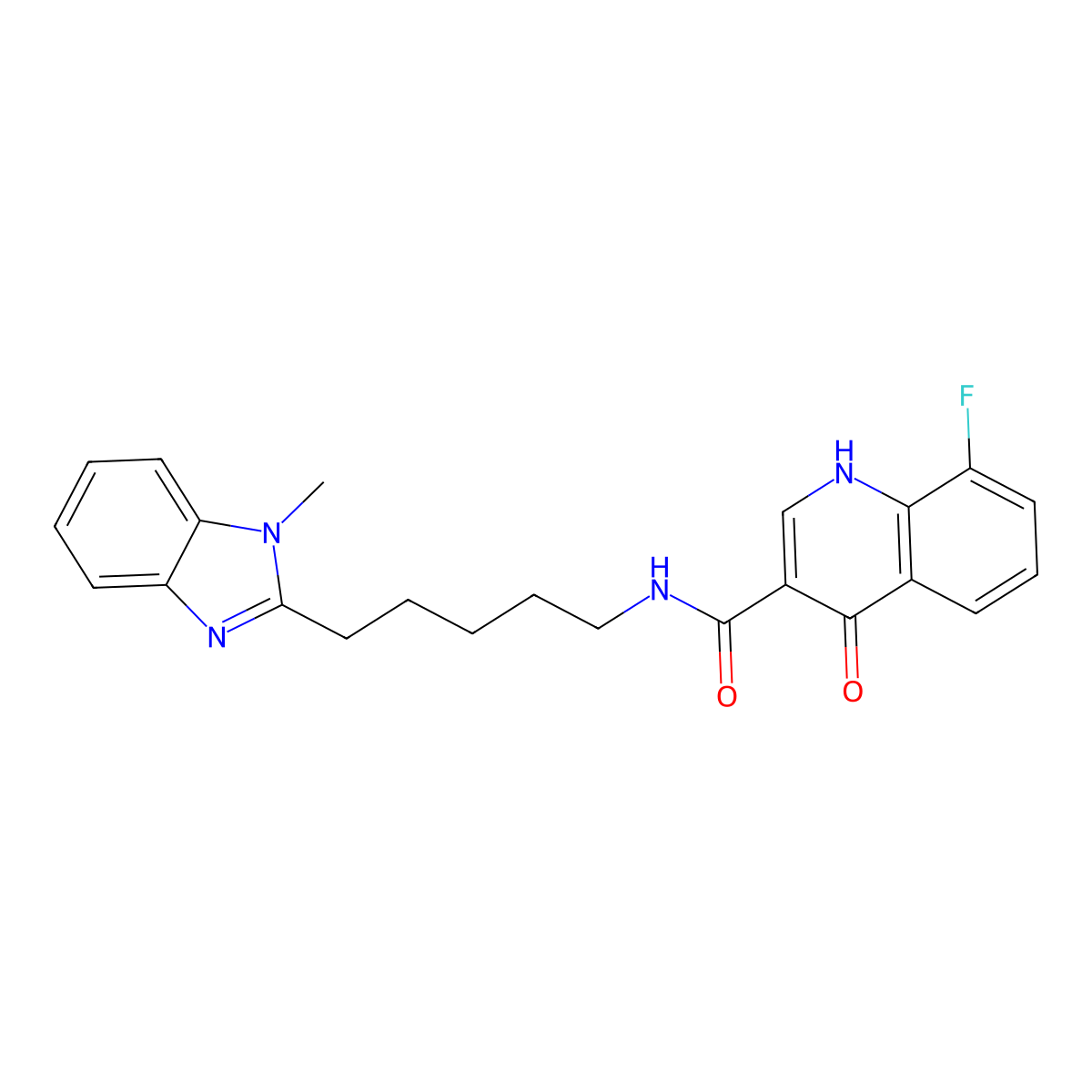8-fluoro-4-hydroxy-N-(5-(1-methyl-1H-benzo[d]imidazol-2-yl)pentyl)quinoline-3-carboxamide molecular structure, CAS 1574292-86-6