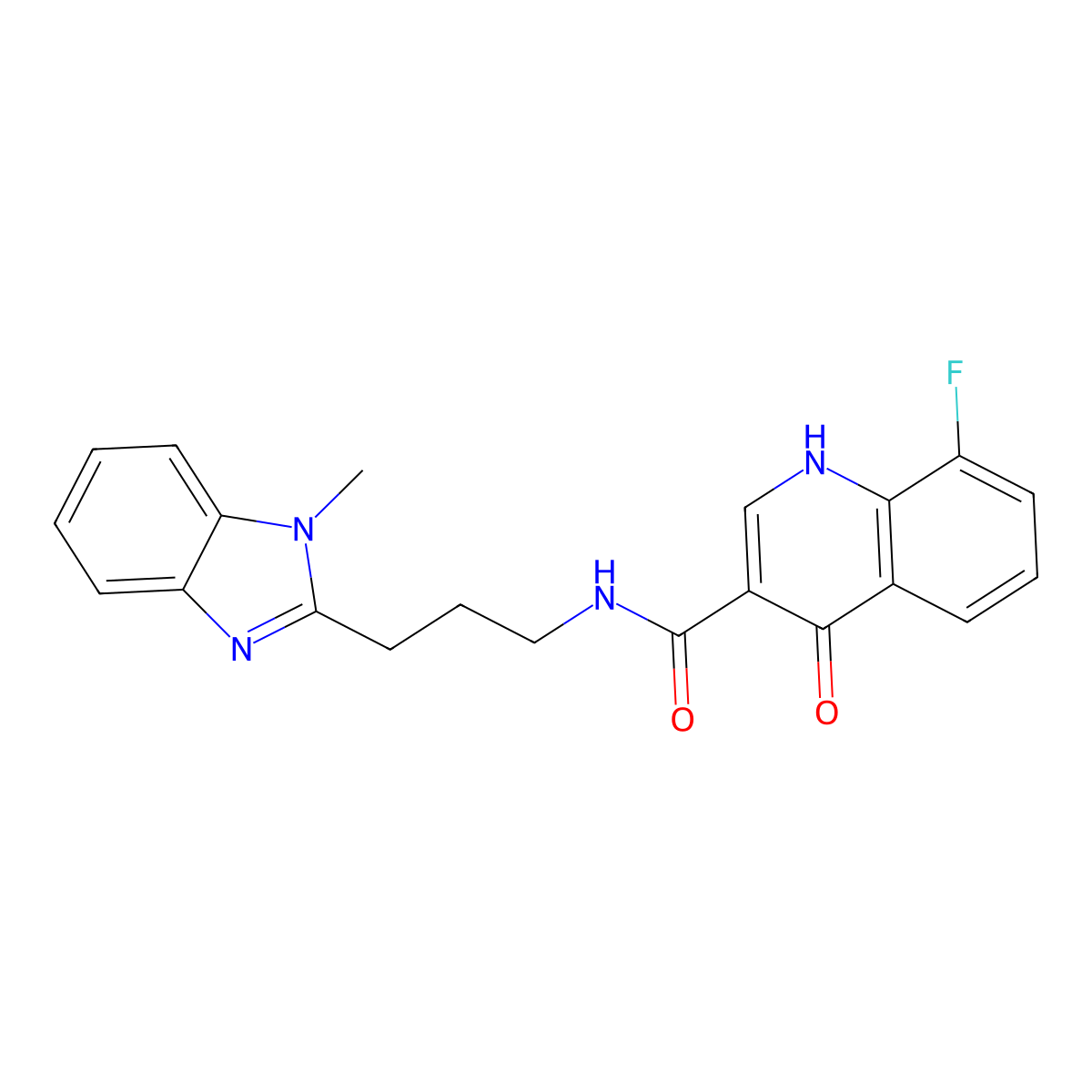 8-fluoro-4-hydroxy-N-(3-(1-methyl-1H-benzo[d]imidazol-2-yl)propyl)quinoline-3-carboxamide molecular structure, CAS 1574293-13-2