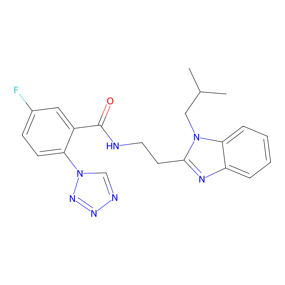 5-fluoro-N-{2-[1-(2-methylpropyl)-1H-benzimidazol-2-yl]ethyl}-2-(1H-tetrazol-1-yl)benzamide molecular structure, CAS 1574293-75-6