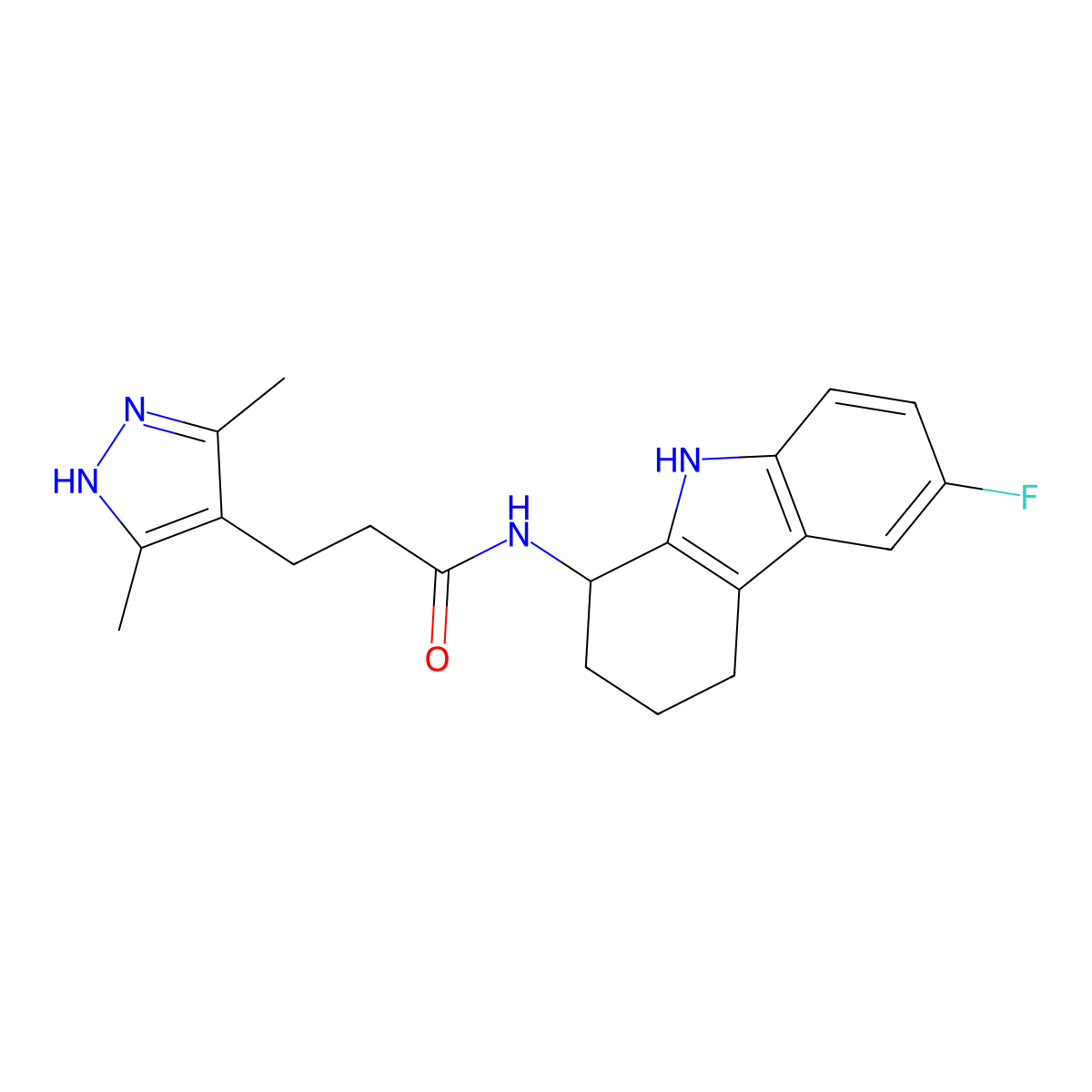3-(3,5-dimethyl-1H-pyrazol-4-yl)-N-(6-fluoro-2,3,4,9-tetrahydro-1H-carbazol-1-yl)propanamide molecular structure, CAS 1574293-81-4