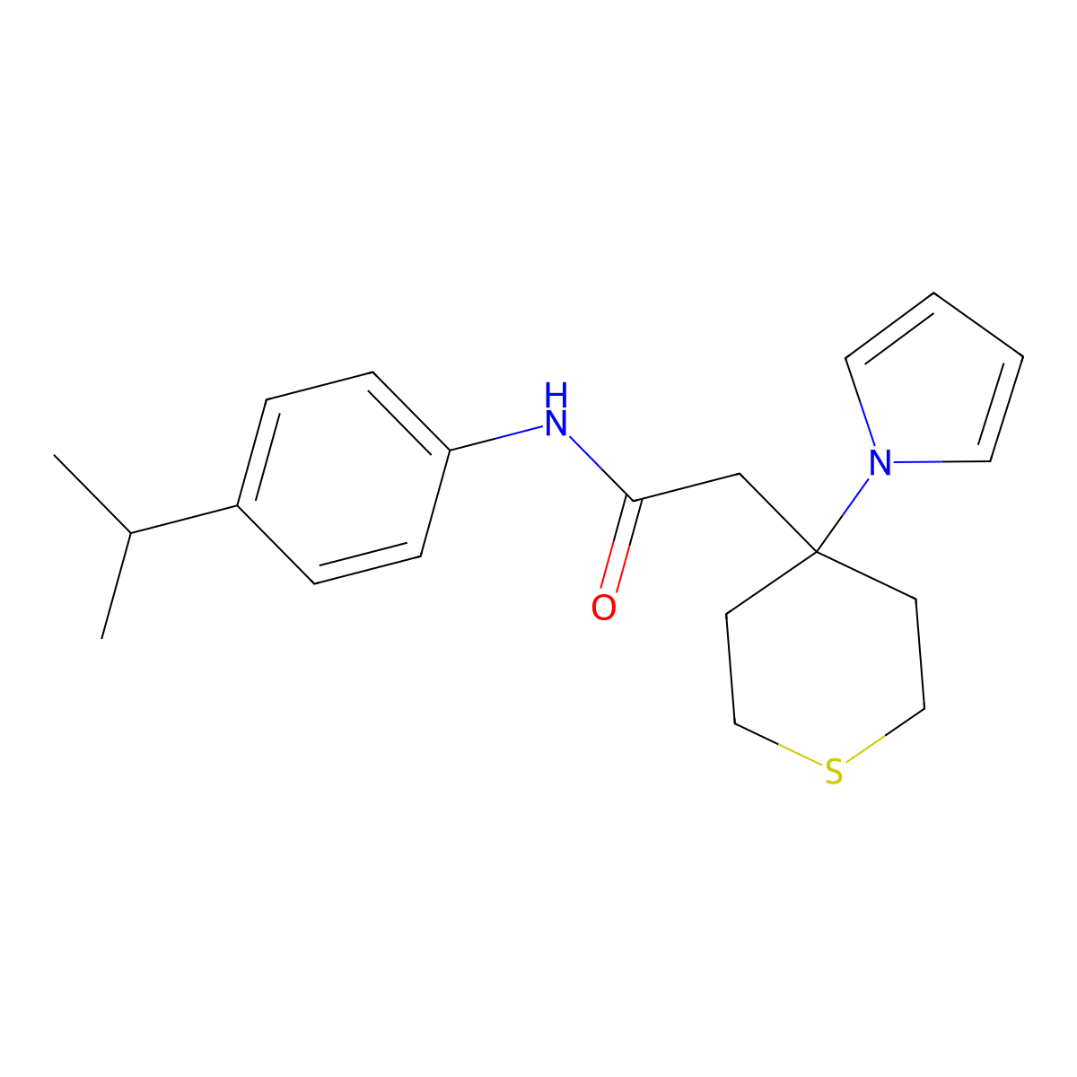 N-[4-(propan-2-yl)phenyl]-2-[4-(1H-pyrrol-1-yl)tetrahydro-2H-thiopyran-4-yl]acetamide molecular structure, CAS 1574294-07-7