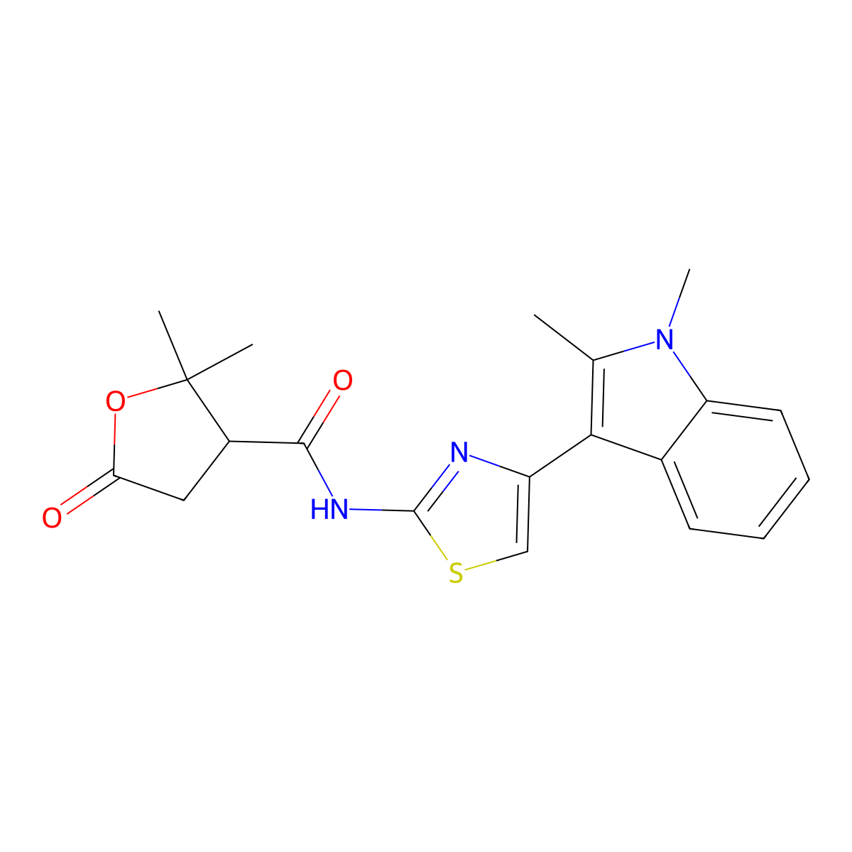 N-(4-(1,2-dimethyl-1H-indol-3-yl)thiazol-2-yl)-2,2-dimethyl-5-oxotetrahydrofuran-3-carboxamide molecular structure, CAS 1574294-35-1