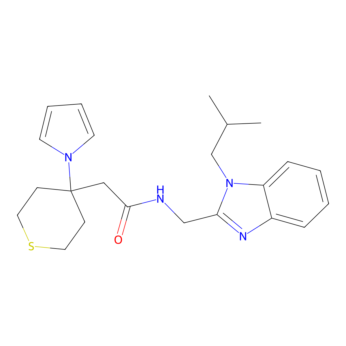 N-{[1-(2-methylpropyl)-1H-benzimidazol-2-yl]methyl}-2-[4-(1H-pyrrol-1-yl)tetrahydro-2H-thiopyran-4-yl]acetamide molecular structure, CAS 1574294-58-8