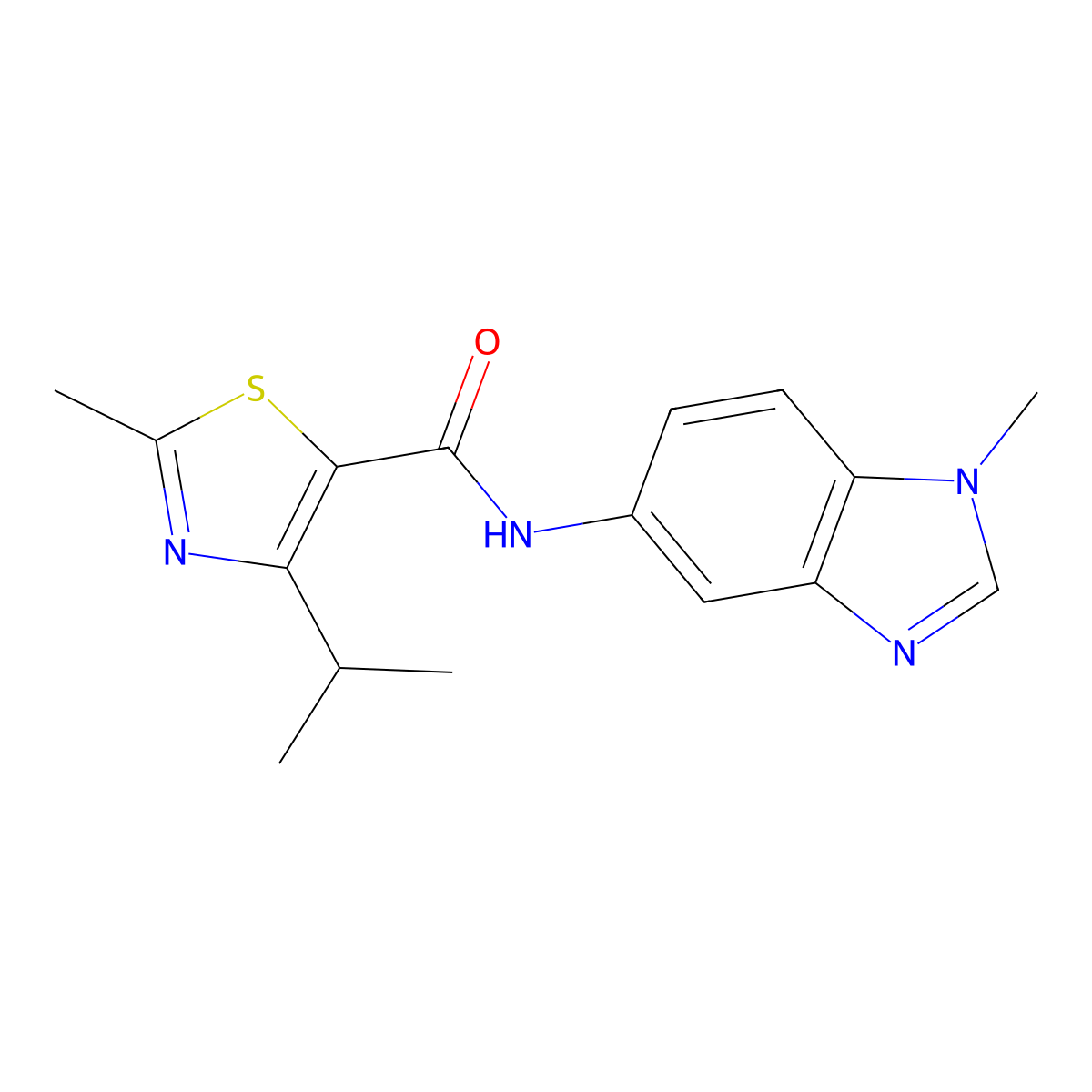 2-methyl-N-(1-methyl-1H-benzimidazol-5-yl)-4-(propan-2-yl)-1,3-thiazole-5-carboxamide molecular structure, CAS 1574295-18-3