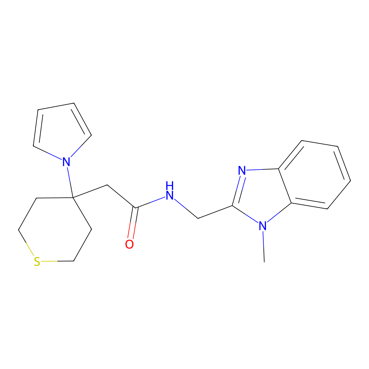 N-[(1-methyl-1H-benzimidazol-2-yl)methyl]-2-[4-(1H-pyrrol-1-yl)tetrahydro-2H-thiopyran-4-yl]acetamide molecular structure, CAS 1574295-48-9
