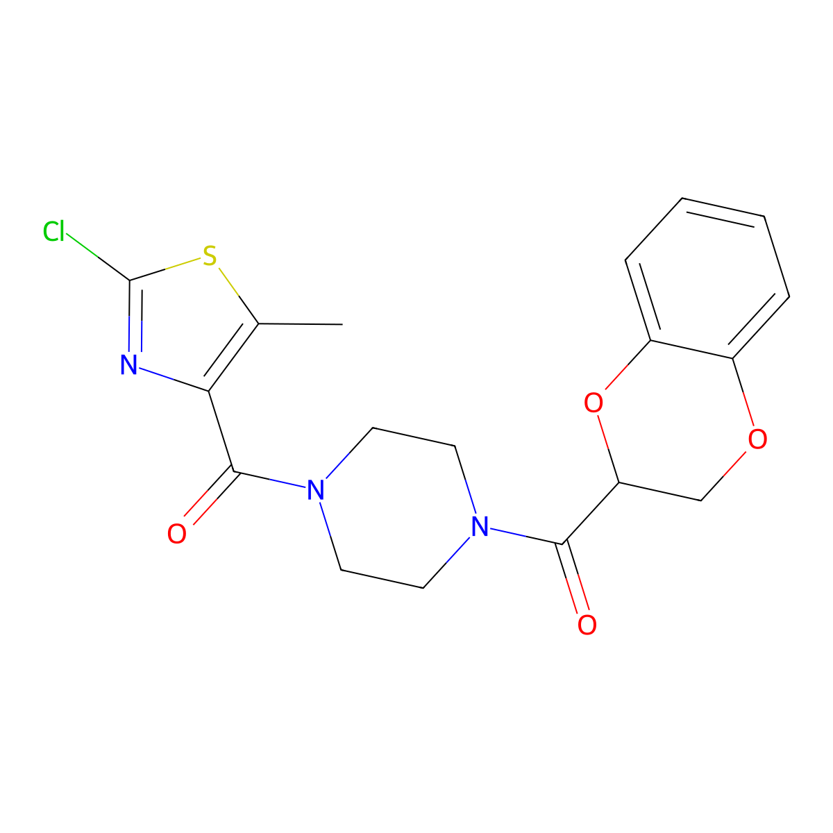 (2-Chloro-5-methyl-1,3-thiazol-4-yl)[4-(2,3-dihydro-1,4-benzodioxin-2-ylcarbonyl)piperazin-1-yl]methanone molecular structure, CAS 1574296-58-4