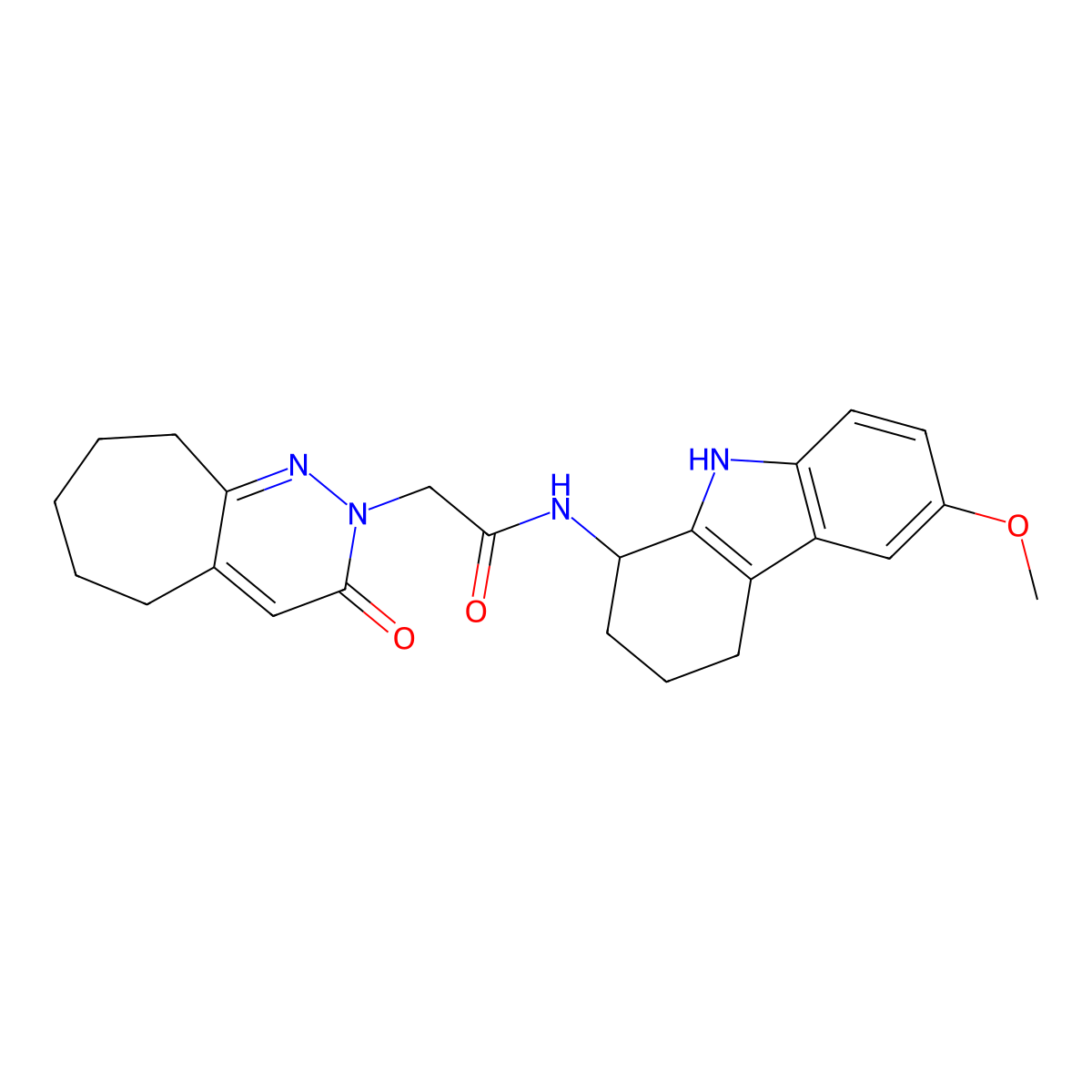 N-(6-methoxy-2,3,4,9-tetrahydro-1H-carbazol-1-yl)-2-(3-oxo-3,5,6,7,8,9-hexahydro-2H-cyclohepta[c]pyridazin-2-yl)acetamide molecular structure, CAS 1574297-46-3