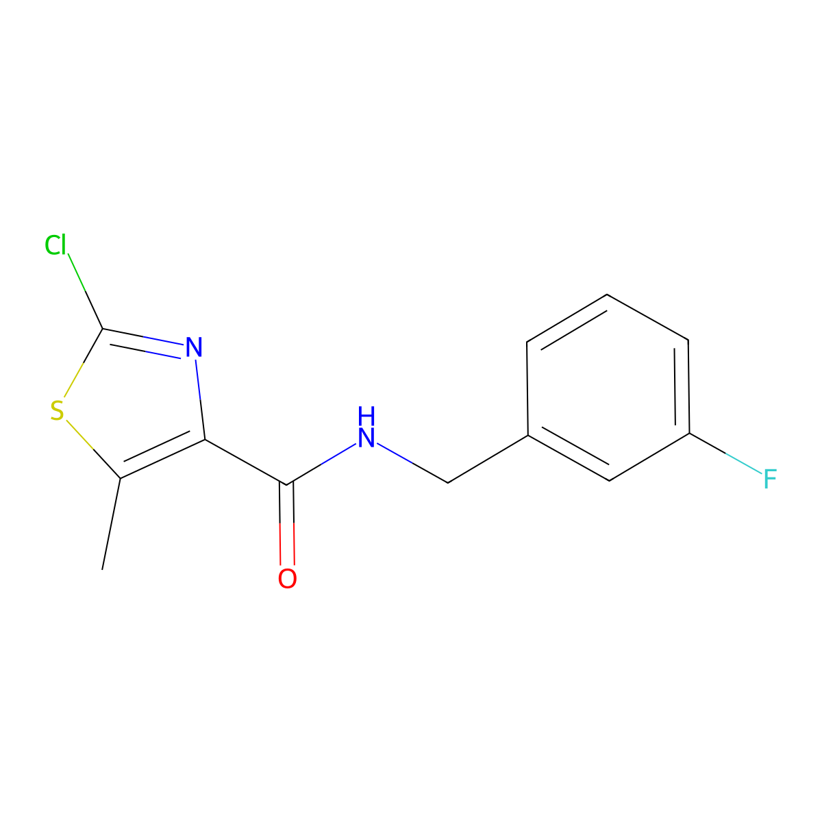 2-chloro-N-(3-fluorobenzyl)-5-methyl-1,3-thiazole-4-carboxamide molecular structure, CAS 1574299-73-2