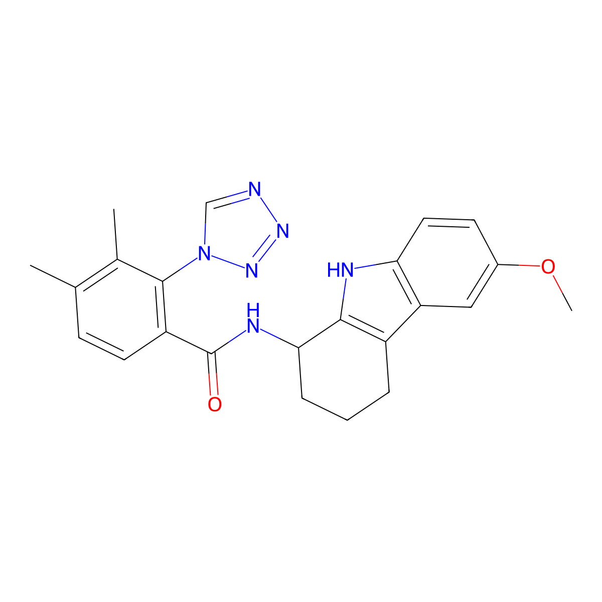 N-(6-methoxy-2,3,4,9-tetrahydro-1H-carbazol-1-yl)-3,4-dimethyl-2-(1H-tetrazol-1-yl)benzamide molecular structure, CAS 1574299-94-7
