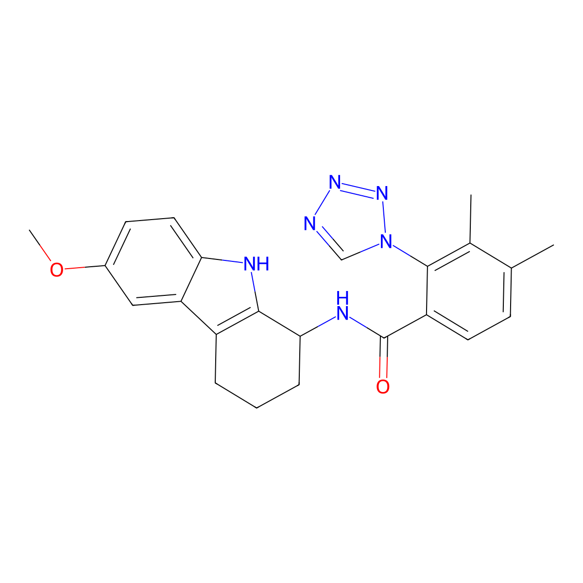 N-(6-methoxy-2,3,4,9-tetrahydro-1H-carbazol-1-yl)-3,4-dimethyl-2-(1H-tetrazol-1-yl)benzamide molecular structure, CAS 1574299-94-7