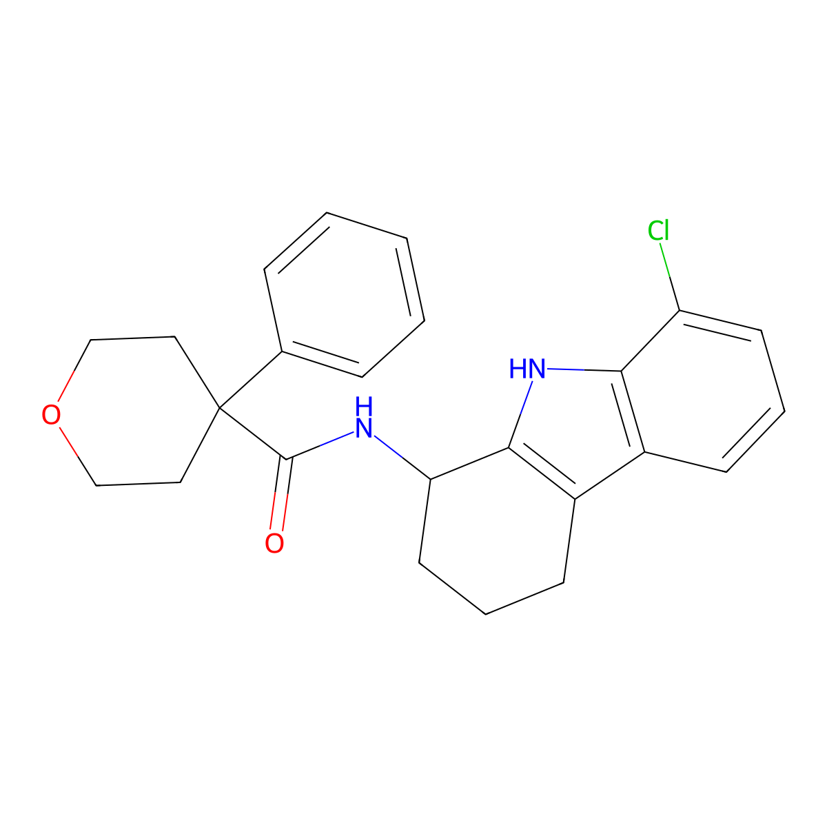 N-(8-chloro-2,3,4,9-tetrahydro-1H-carbazol-1-yl)-4-phenyltetrahydro-2H-pyran-4-carboxamide molecular structure, CAS 1574300-09-6