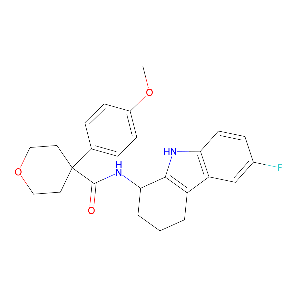 N-(6-fluoro-2,3,4,9-tetrahydro-1H-carbazol-1-yl)-4-(4-methoxyphenyl)tetrahydro-2H-pyran-4-carboxamide molecular structure, CAS 1574300-25-6