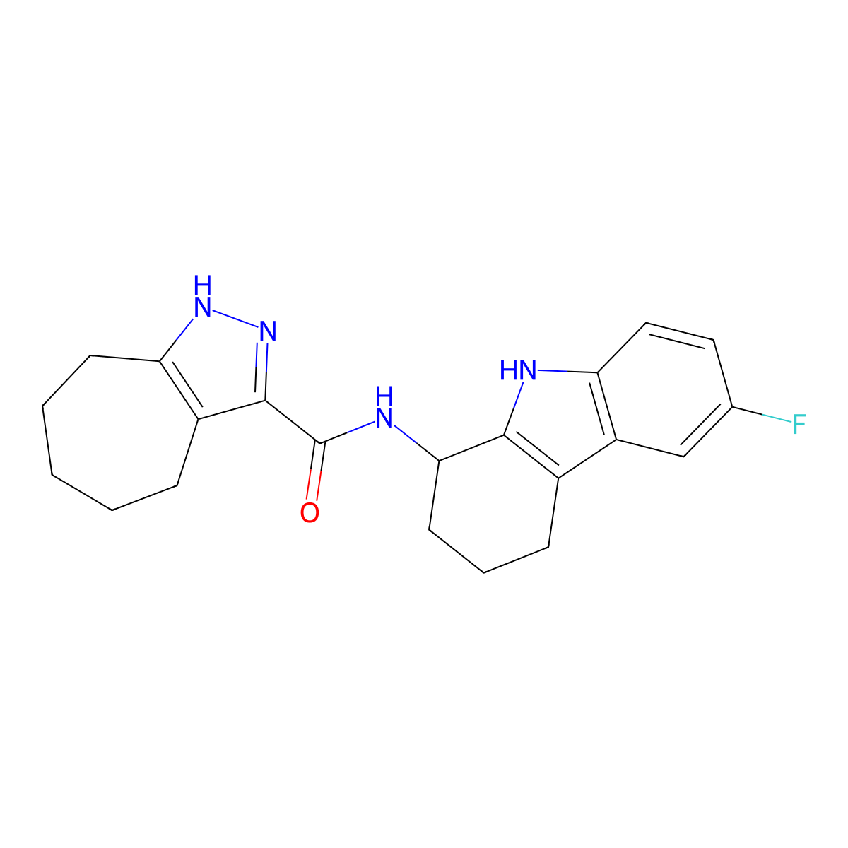 N-(6-fluoro-2,3,4,9-tetrahydro-1H-carbazol-1-yl)-2,4,5,6,7,8-hexahydrocyclohepta[c]pyrazole-3-carboxamide molecular structure, CAS 1574300-60-9