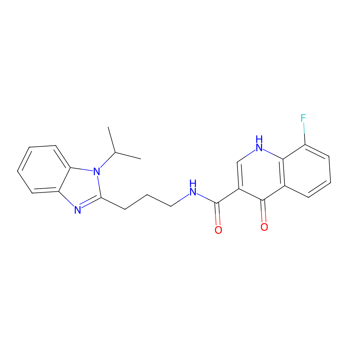 8-fluoro-4-hydroxy-N-(3-(1-isopropyl-1H-benzo[d]imidazol-2-yl)propyl)quinoline-3-carboxamide molecular structure, CAS 1574300-62-1