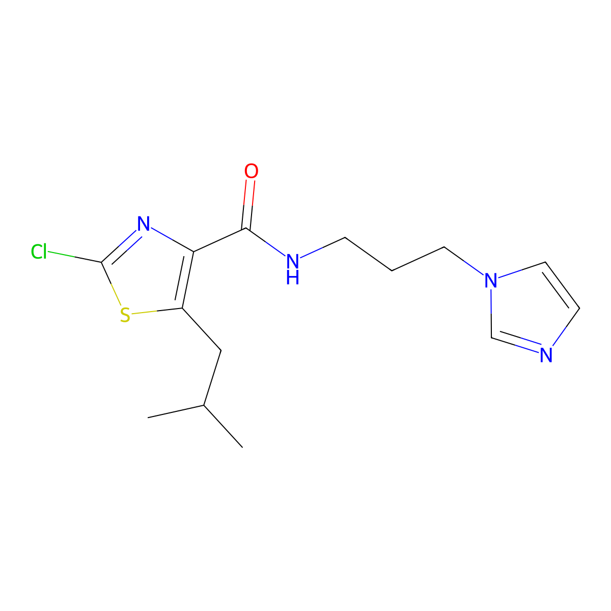 2-chloro-N-[3-(1H-imidazol-1-yl)propyl]-5-(2-methylpropyl)-1,3-thiazole-4-carboxamide molecular structure, CAS 1574300-90-5