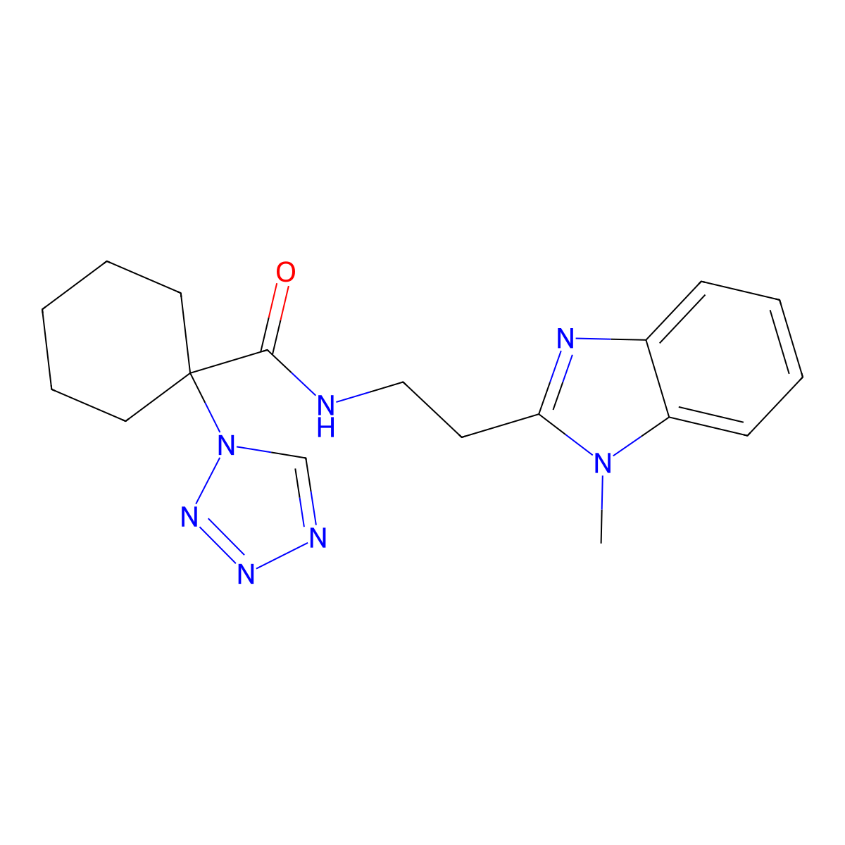 N-[2-(1-methyl-1H-benzimidazol-2-yl)ethyl]-1-(1H-tetrazol-1-yl)cyclohexanecarboxamide molecular structure, CAS 1574301-14-6