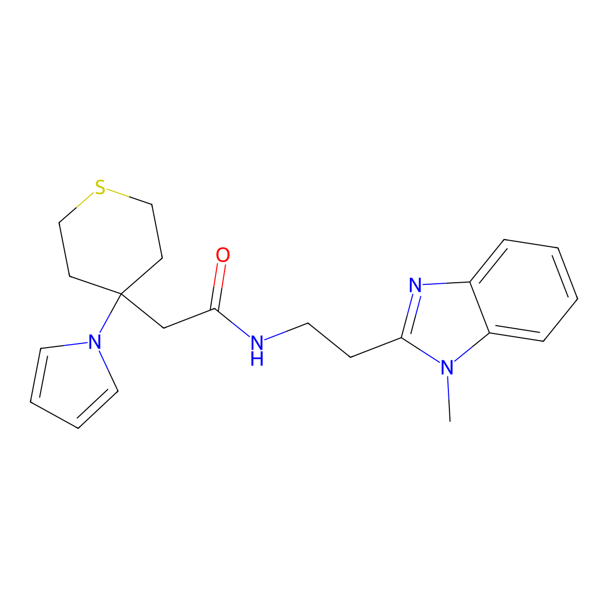 N-[2-(1-methyl-1H-benzimidazol-2-yl)ethyl]-2-[4-(1H-pyrrol-1-yl)tetrahydro-2H-thiopyran-4-yl]acetamide molecular structure, CAS 1574301-54-4