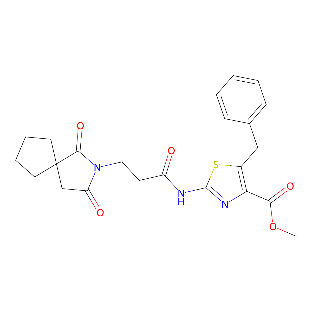 Methyl 5-benzyl-2-{[3-(1,3-dioxo-2-azaspiro[4.4]non-2-yl)propanoyl]amino}-1,3-thiazole-4-carboxylate molecular structure, CAS 1574301-56-6