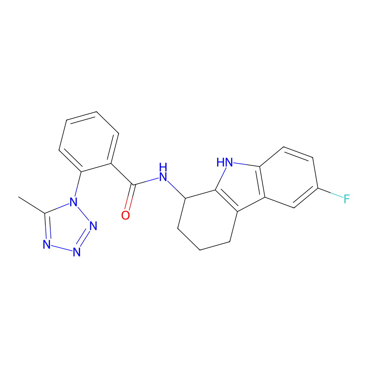 N-(6-fluoro-2,3,4,9-tetrahydro-1H-carbazol-1-yl)-2-(5-methyl-1H-tetrazol-1-yl)benzamide molecular structure, CAS 1574302-05-8