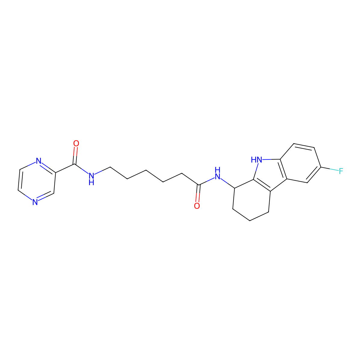 N-{6-[(6-fluoro-2,3,4,9-tetrahydro-1H-carbazol-1-yl)amino]-6-oxohexyl}pyrazine-2-carboxamide molecular structure, CAS 1574302-30-9