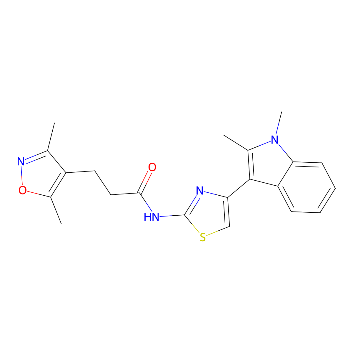 N-(4-(1,2-dimethyl-1H-indol-3-yl)thiazol-2-yl)-3-(3,5-dimethylisoxazol-4-yl)propanamide molecular structure, CAS 1574302-81-0