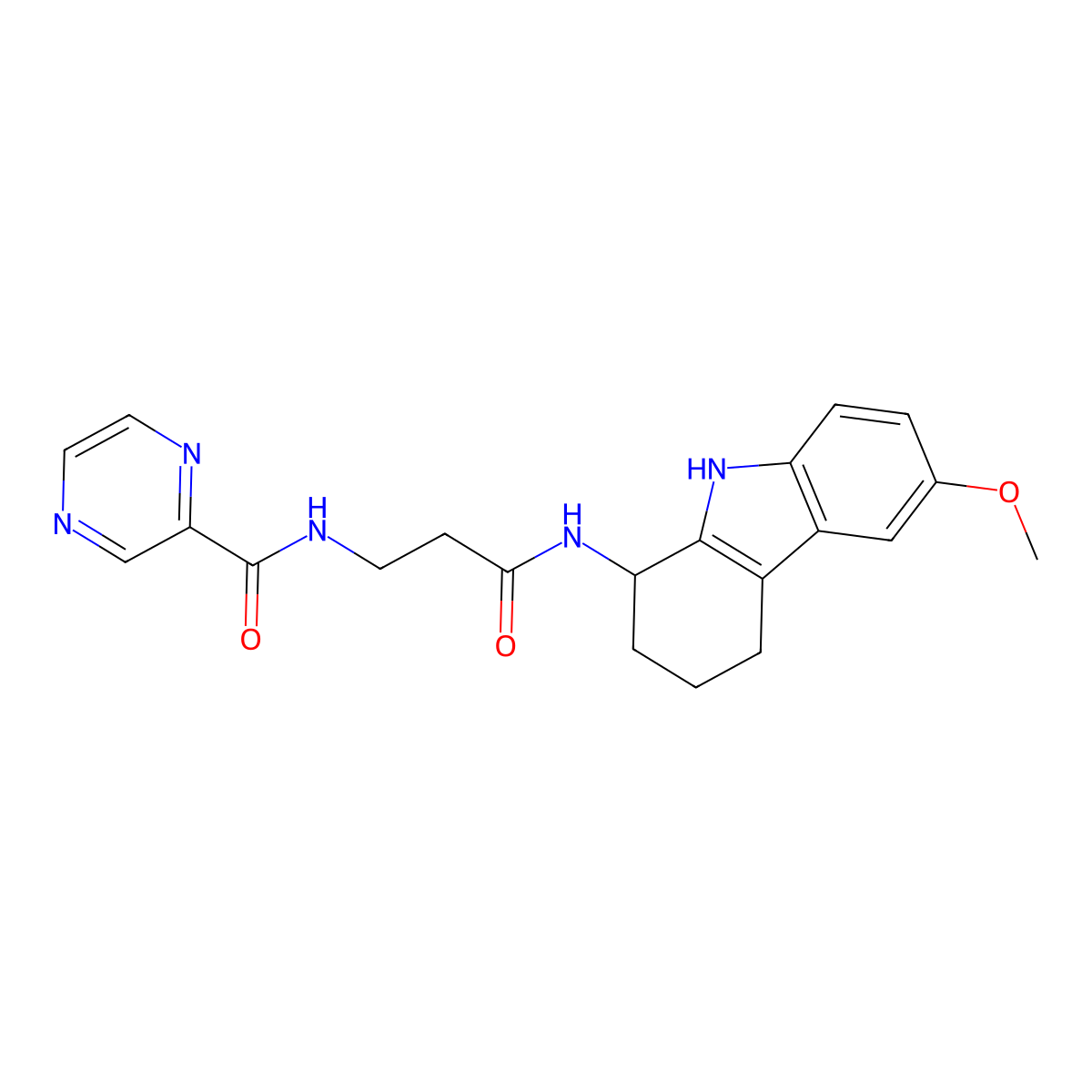 N-{3-[(6-methoxy-2,3,4,9-tetrahydro-1H-carbazol-1-yl)amino]-3-oxopropyl}pyrazine-2-carboxamide molecular structure, CAS 1574303-12-0