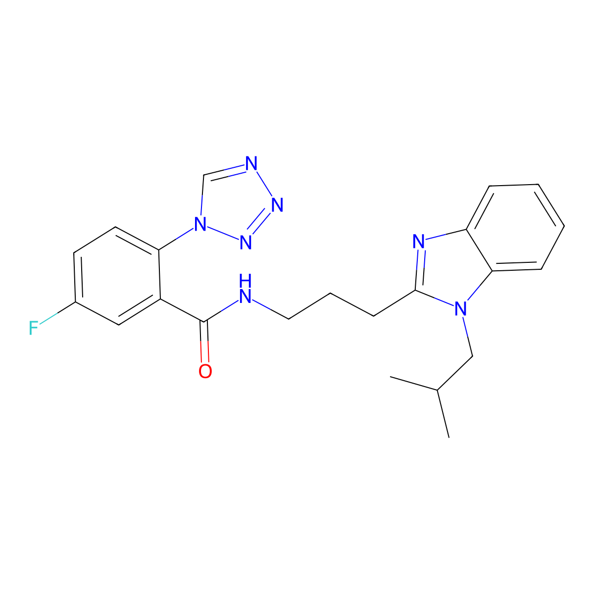 5-fluoro-N-{3-[1-(2-methylpropyl)-1H-benzimidazol-2-yl]propyl}-2-(1H-tetrazol-1-yl)benzamide molecular structure, CAS 1574303-22-2