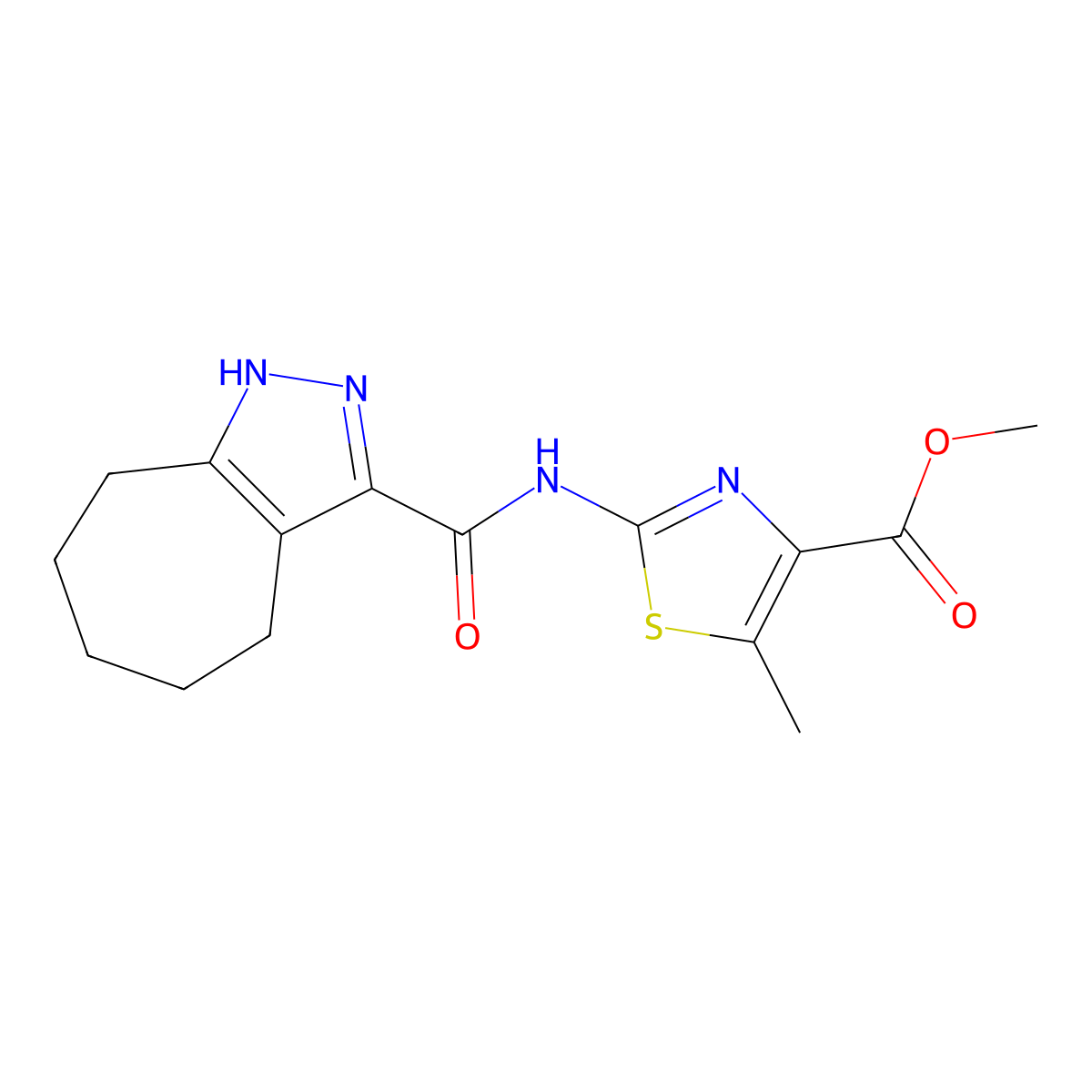 Methyl 2-[(2,4,5,6,7,8-hexahydrocyclohepta[c]pyrazol-3-ylcarbonyl)amino]-5-methyl-1,3-thiazole-4-carboxylate molecular structure, CAS 1574303-33-5
