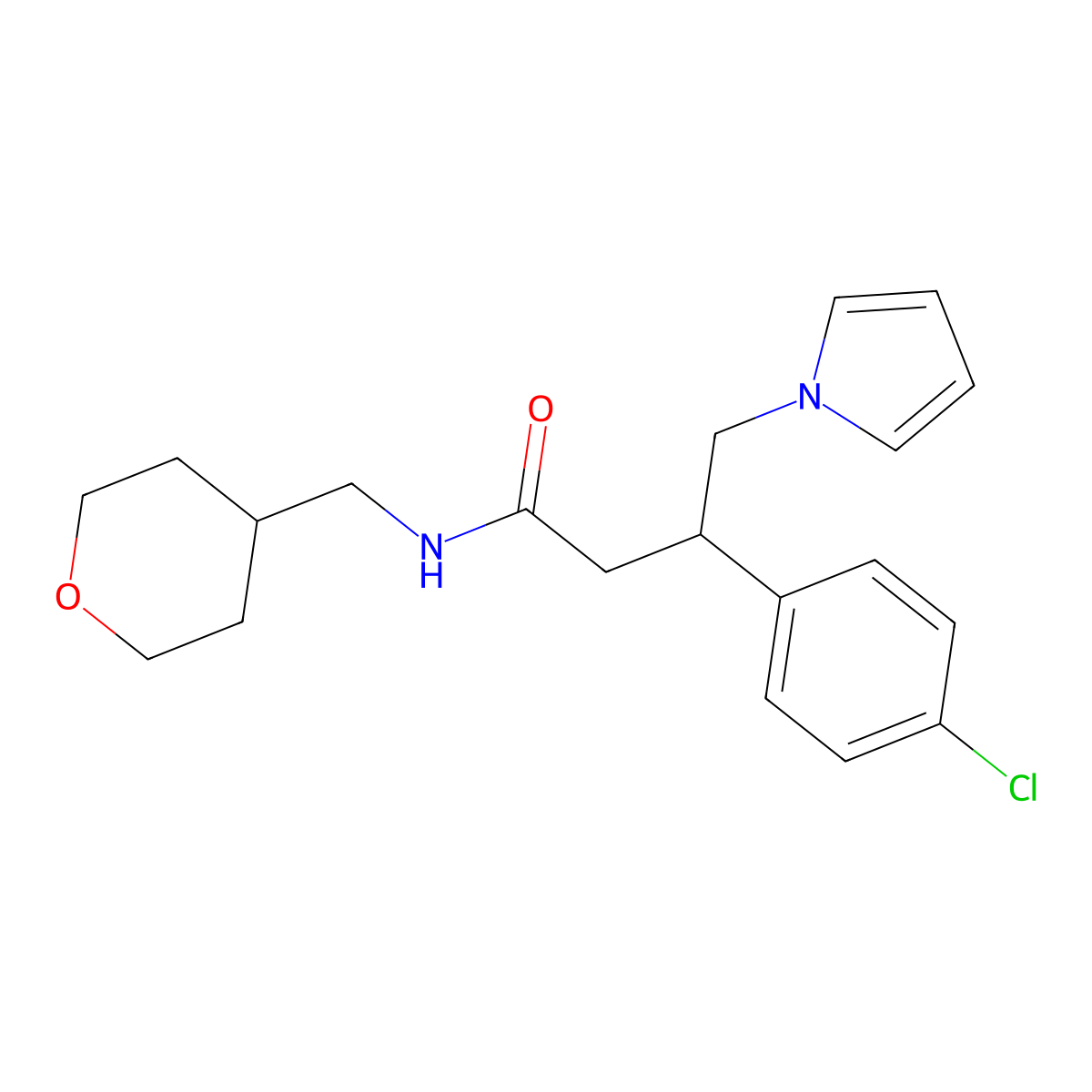 3-(4-chlorophenyl)-4-(1H-pyrrol-1-yl)-N-(tetrahydro-2H-pyran-4-ylmethyl)butanamide molecular structure, CAS 1574303-41-5